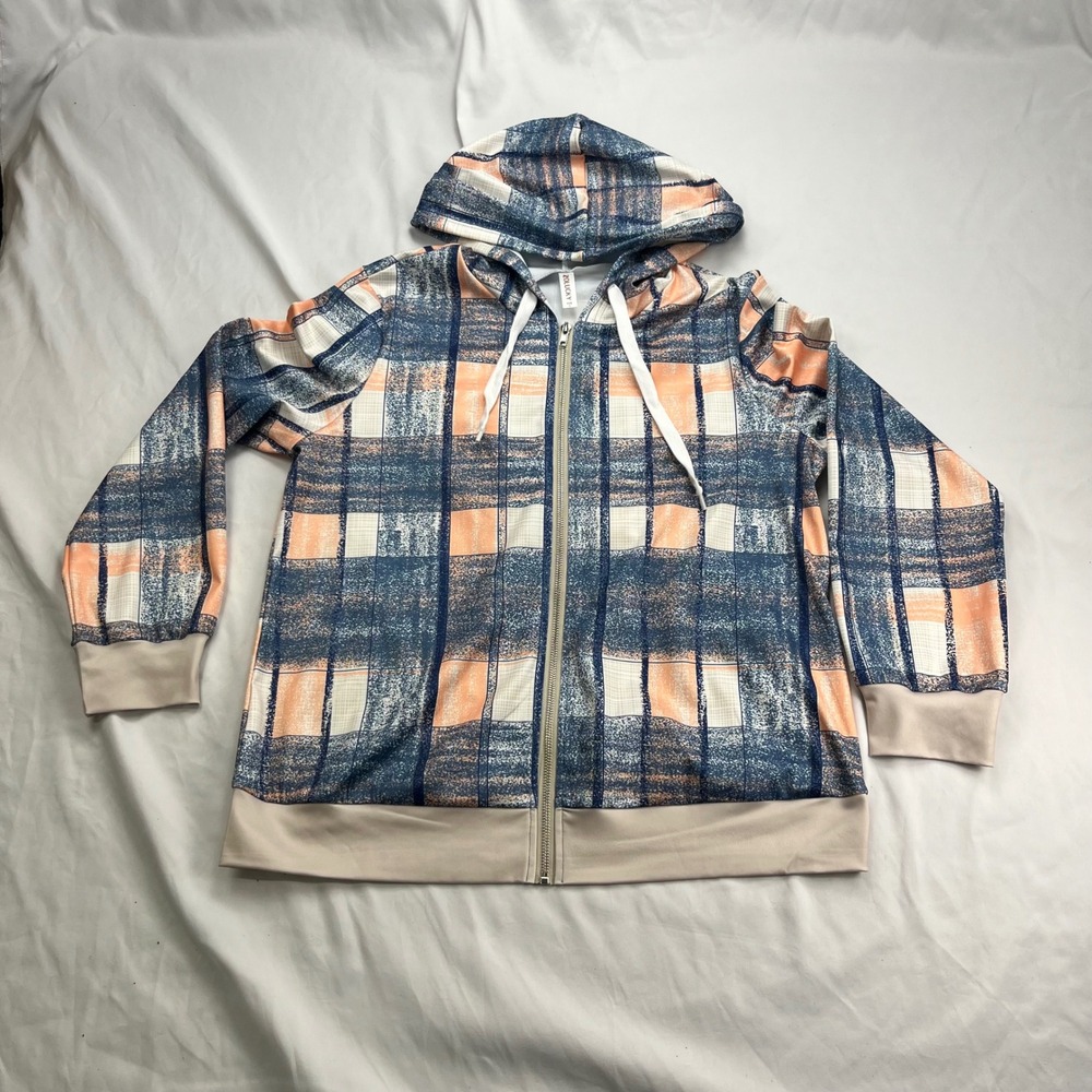 Zolucky Plaid Zip Up Hoodie Distressed‎ Blue Orange Full Zip Hooded Sweatshirt